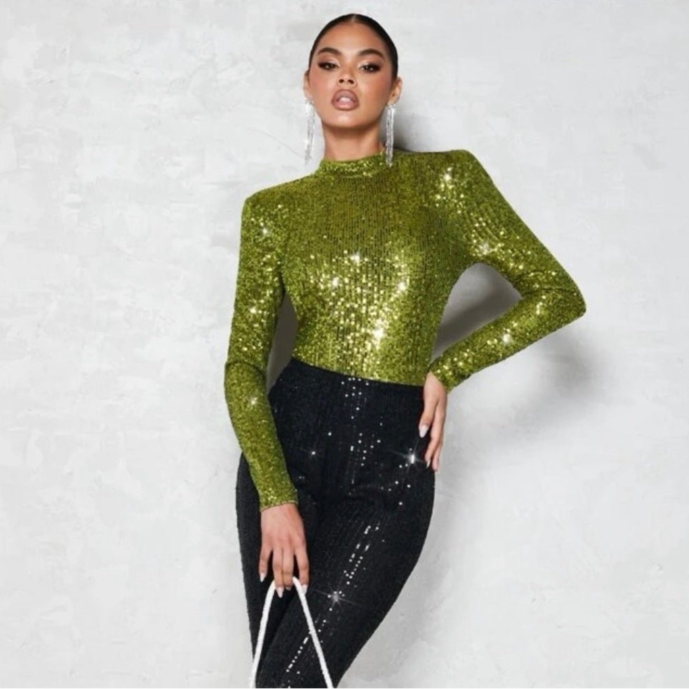 Rhinestone Chain Detail Backless Mock Neck Sequin Bodysuit